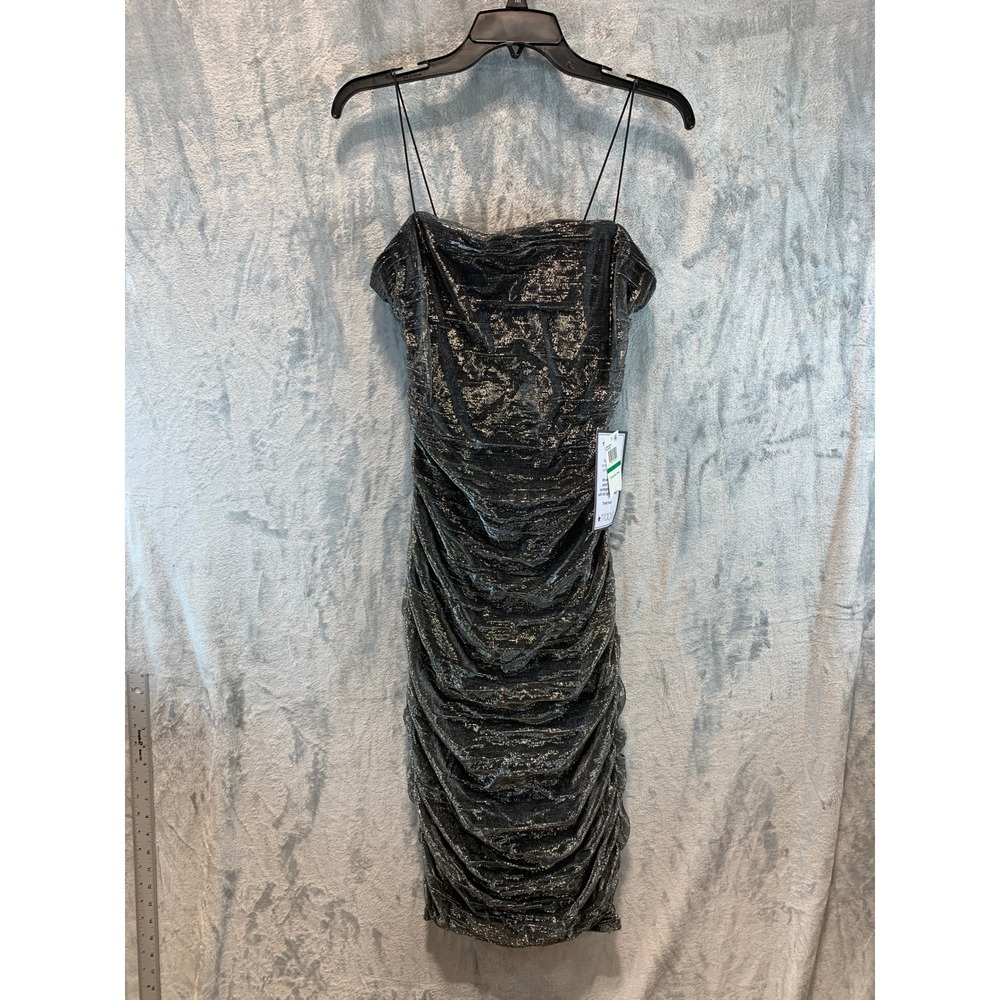 B. Darlin Womens Ruched Metallic Lurex Bodycon Midi Dress Black Silver L Witchy